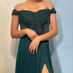 Off the shoulder emerald dress